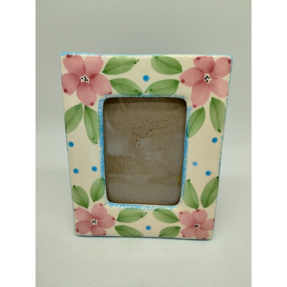 White Porcelain Photo Frame Pink Flowers Blue Polka Dots 3"X4" Opening Cottage